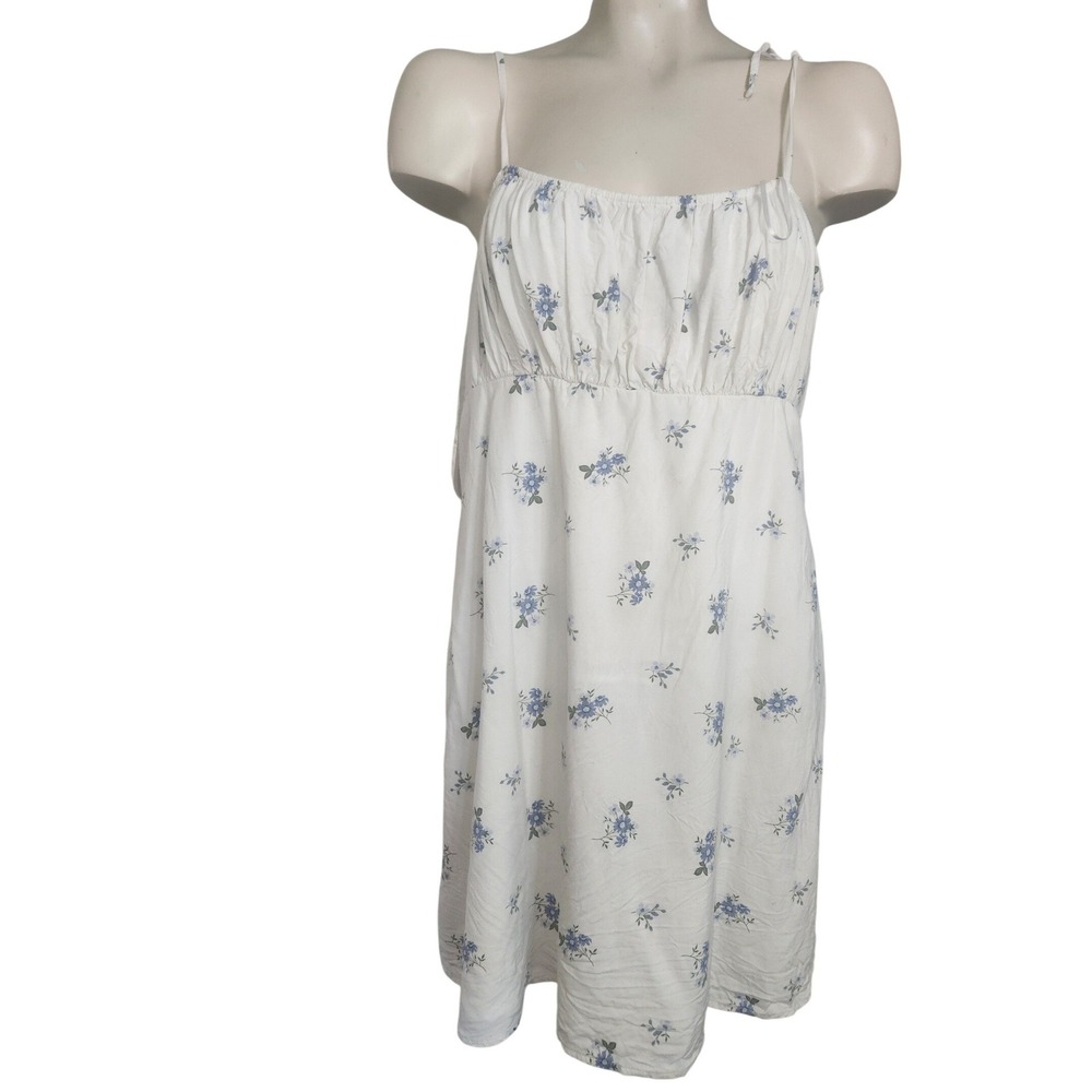 Hollister Floral baby doll Mini Dress White Blue Tie Shoulder Smocked Back L